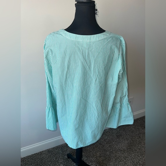 Talbots Green White Striped Bell Sleeve Popover Top Blouse Size L - Picture 4 of 9
